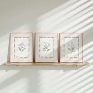 May include: Three framed floral art prints. Each print features a watercolor illustration of a pink flowering plant with green leaves, set against a pink and white checkered background. The frames are light wood, and the prints are displayed on a wooden shelf.