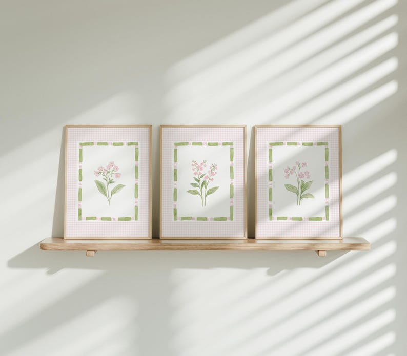 May include: Three framed floral art prints. Each print features a watercolor illustration of a pink flowering plant with green leaves, set against a pink and white checkered background. The frames are light wood, and the prints are displayed on a wooden shelf.
