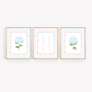 Personalized Hydrangea Print Set of 3, Custom Initial Print, Pink & Blue Girls Room Decor, Floral Letter Poster, Baby Girl Nursery Name Sign