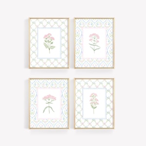 Floral Nursery Print Set of 4, Baby Girl Room Decor, Wildflower Wall Art, Botanical Nursery Print Set, Pink and Blue Girl Nursery Wall Decor
