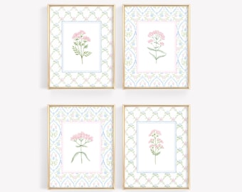 Floral Nursery Print Set of 4, Baby Girl Room Decor, Wildflower Wall Art, Botanical Nursery Print Set, Pink and Blue Girl Nursery Wall Decor
