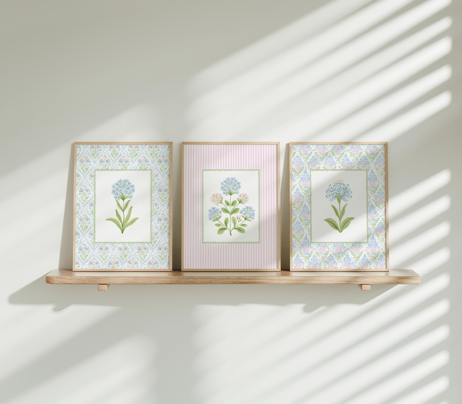 Floral Nursery Wall Art Set of 3, Pastel Blue & Pink Botanical Prints ...