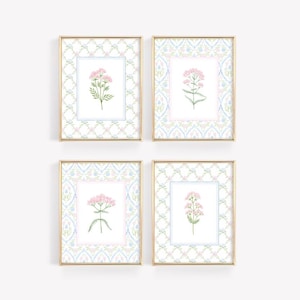 Floral Nursery Print Set of 4, Baby Girl Room Decor, Wildflower Wall Art, Botanical Nursery Print Set, Pink and Blue Girl Nursery Wall Decor