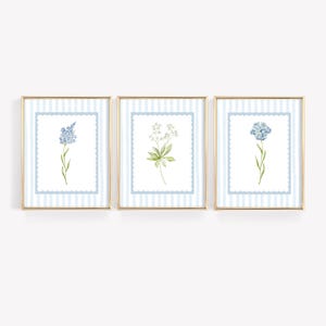 Vintage Floral Print Set, Floral Nursery Wall Art, Striped Floral Art, Wildflower Nursery Decor, Botanical Art Print, Girls Bedroom Decor
