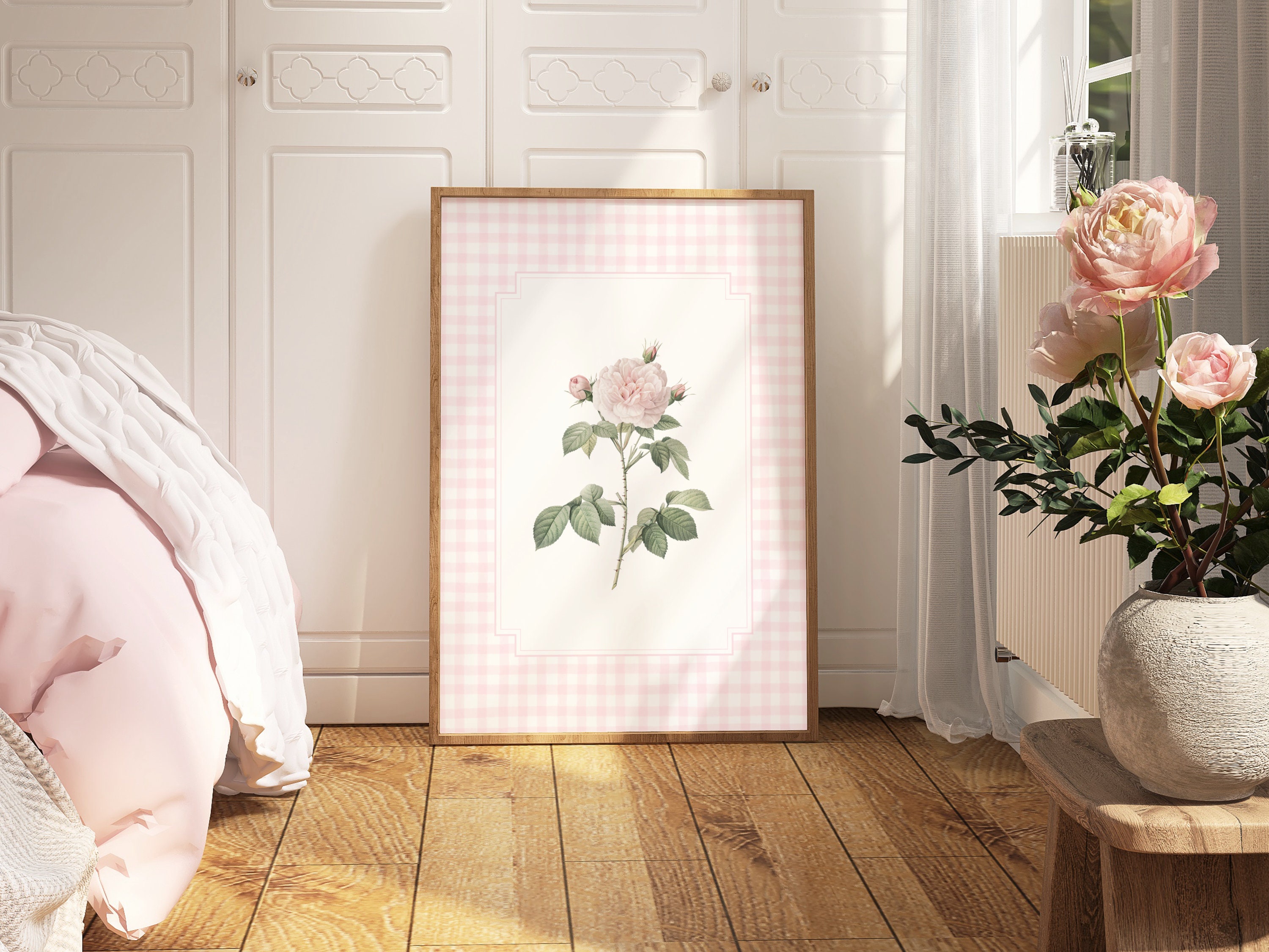 Pink Floral Nursery Print Set, Wildflower Nursery Decor, Gingham Wall ...