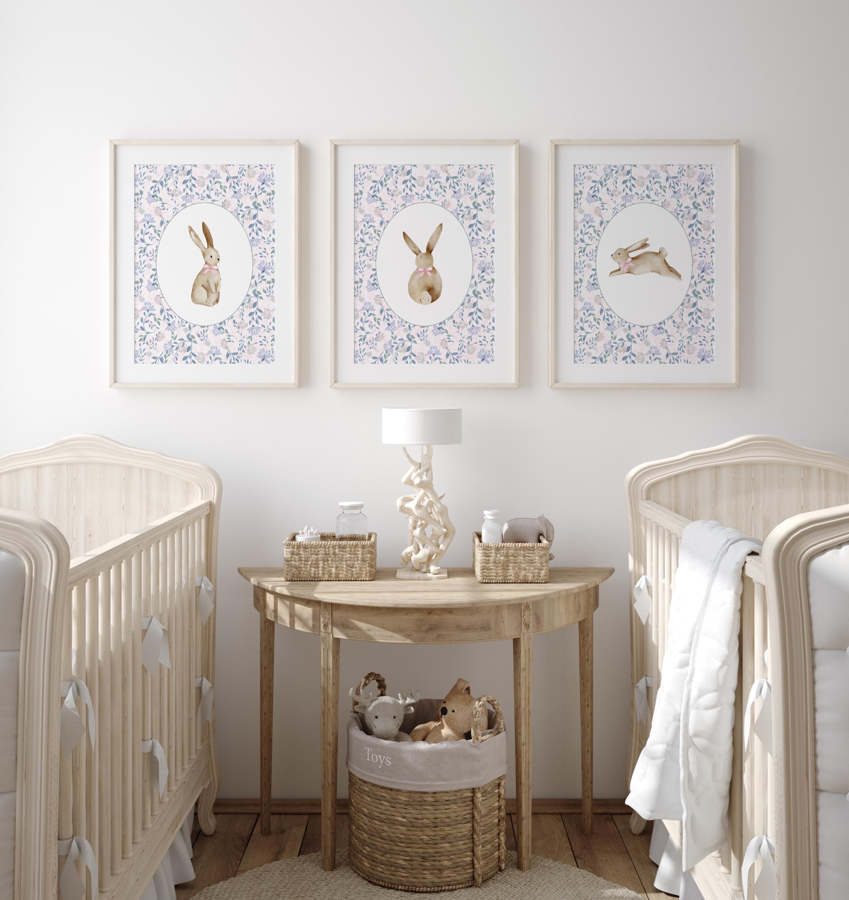 Bunny Nursery Print Set, Pink Floral Nursery Decor, Baby Girl Wall ...