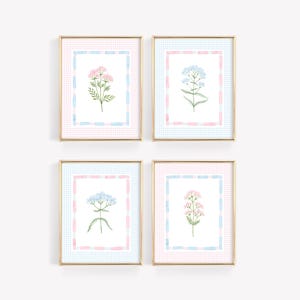 Pink and Blue Floral Wall Art, Grandmillennial Nursery Print Set, Preppy Pastel Girls Bedroom Decor, Watercolor Wildflower Nursery Prints