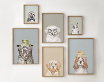 Puppy Print Set, Dog Portrait Prints, Kid Room Wall Art, Funny Dog Poster, Printable Dog Illustration, Boy Room Decor, Dogs With Accessories