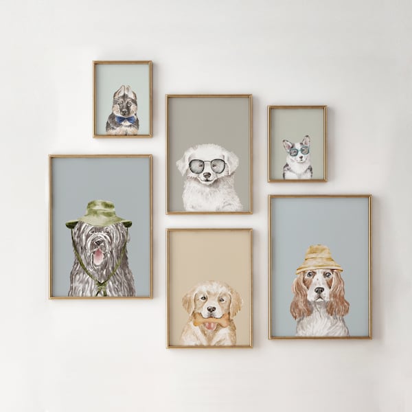 Juego de impresión de cachorros, impresiones de retratos de perros, arte de pared de habitación infantil, cartel de perro divertido, ilustración de perro imprimible, decoración de habitación de niño, perros con accesorios