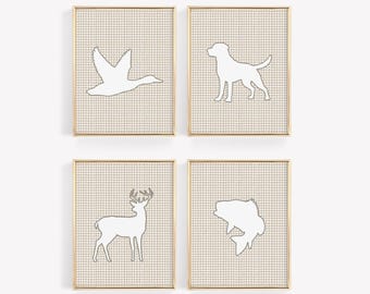 Vintage Hunting Animal Print Set of 4, Mallard Duck Dog Deer Fish Wall Art, Rustic Wildlife Boys Room Decor, Farmhouse Cabin Nursery Prints