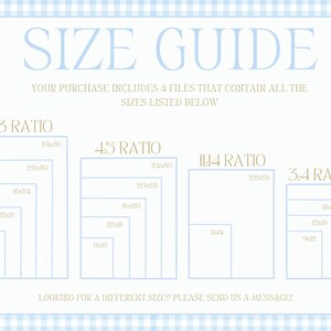 May include: A size guide for digital prints with four different aspect ratios: 2:3, 4:5, 11:14, and 3:4. The guide shows the dimensions of each ratio in inches, including 8x12, 12x18, 16x24, 20x30, and 24x36.