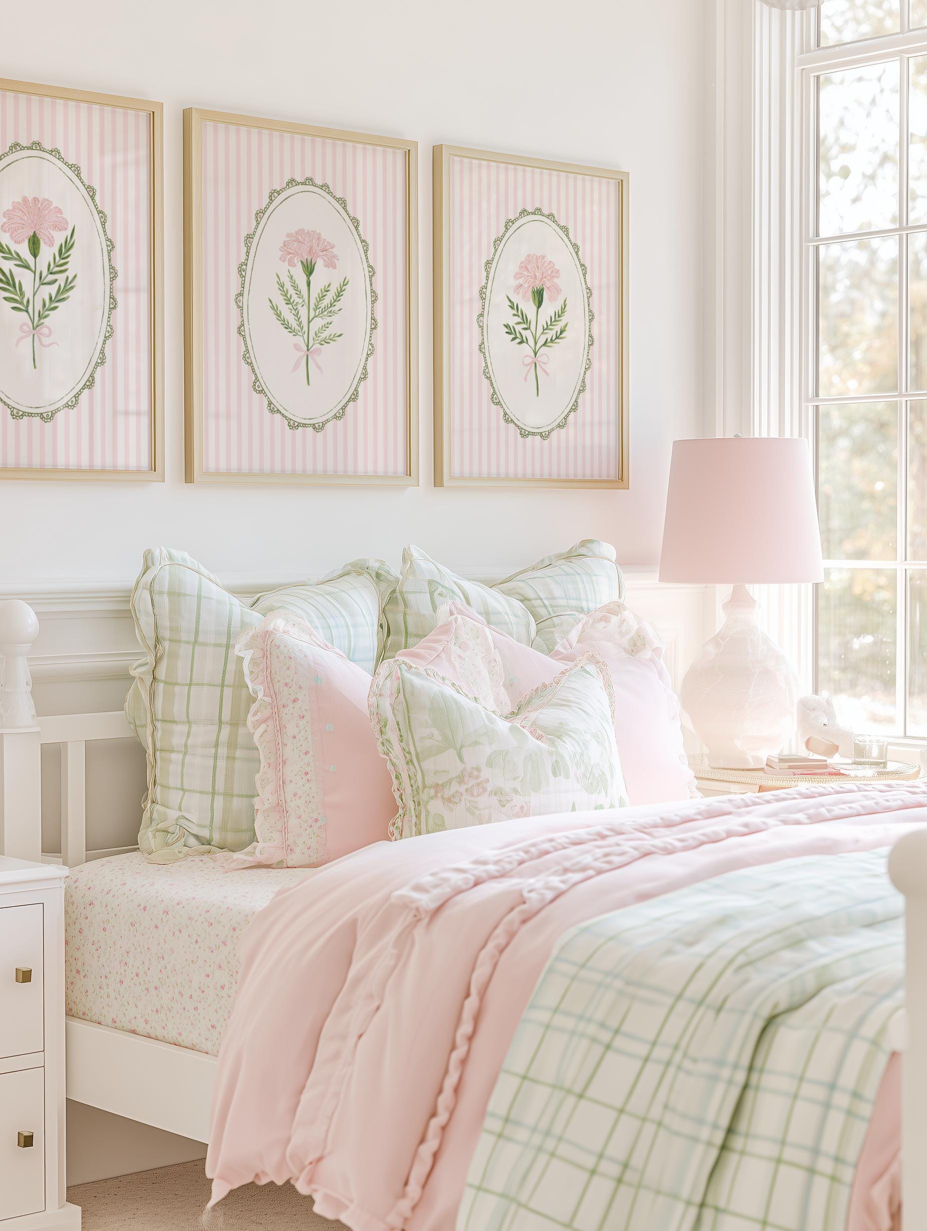 Pink and Green Floral Nursery Wall Art Set of 3, Vintage Botanical Baby ...