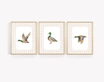 Arte de parede de pato-real, impressões de parede para quarto de meninos, decoração de berçário de pato, impressões de berçário de bebê, arte de parede de guingão, decoração de berçário de caça ao pato