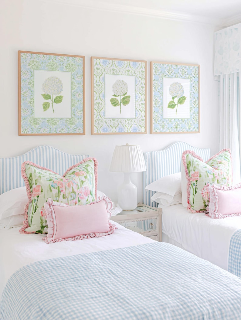 Blue & Green Hydrangea Wall Art: Grandmillennial Nursery Print Set of 3 (Digital Download) image 2