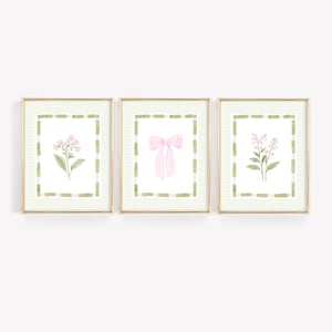Floral Coquette Print Set of 3, Pink & Green Bedroom Decor, Pink Bow Art Print, Baby Girl Nursery Decor, Pastel Botanical Nursery Wall Art