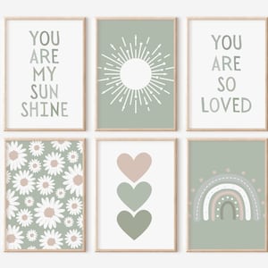 Decoración de la pared de la guardería - Impresiones de guardería verde salvia pastel - Impresiones boho para guardería/habitación de bebé - Conjunto de 6 - DESCARGA DIGITAL