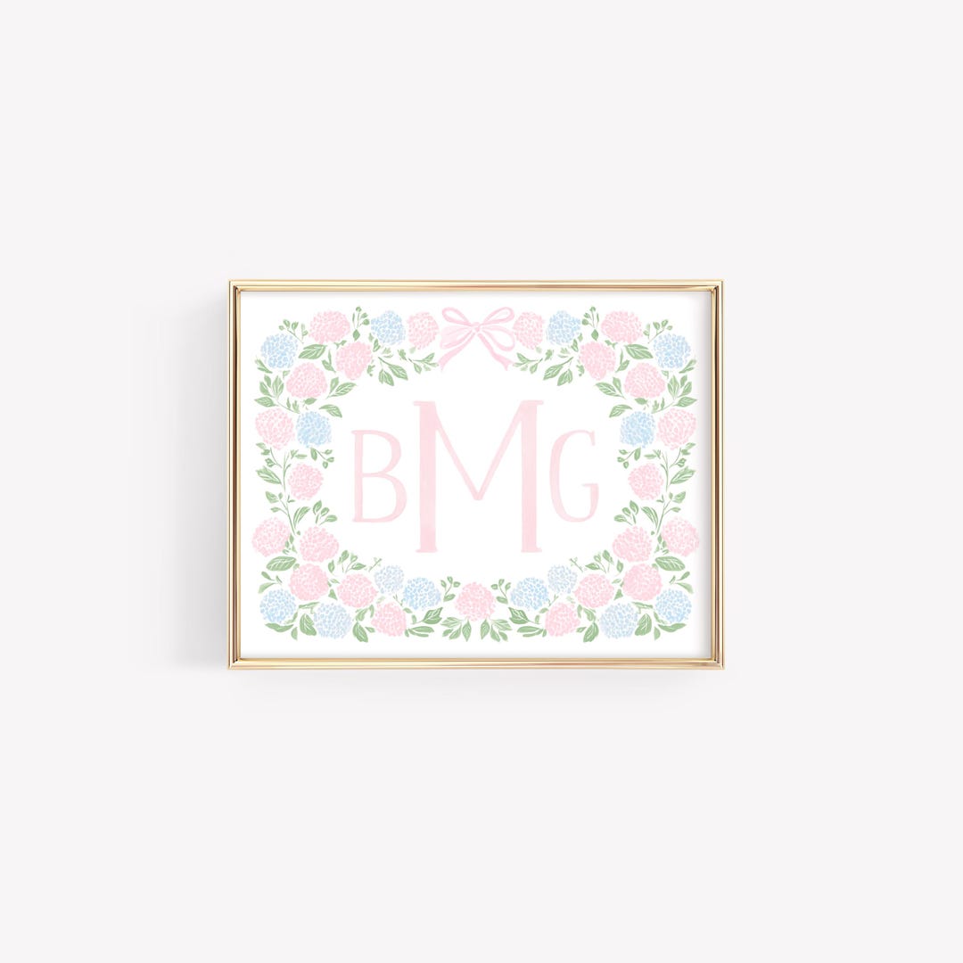 Floral Monogram Initial Print, Custom Nursery Wall Art, Pink & Blue ...