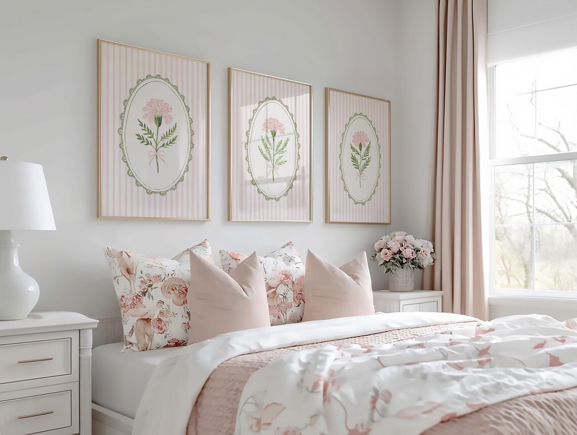 Pink and Green Floral Nursery Wall Art Set of 3, Vintage Botanical Baby ...