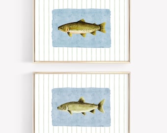 Set of 2 Digital Wall Print for Boys Room, Vintage Fish Prints, Boy Nursery Decor, Vintage Nursery Prints, Blue Watercolor Bass Fish Art