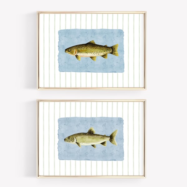 Set of 2 Digital Wall Print for Boys Room, Vintage Fish Prints, Boy Nursery Decor, Vintage Nursery Prints, Blue Watercolor Bass Fish Art