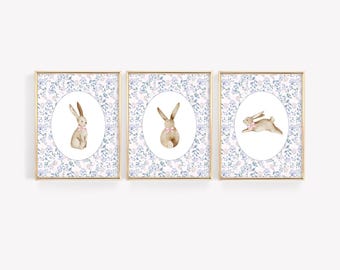 Conjunto de impressão de berçário de coelho, decoração de berçário floral rosa, impressões de parede para meninas, arte de berçário de coelho fofo, impressão de berçário feminino, arte de coelho de flores silvestres
