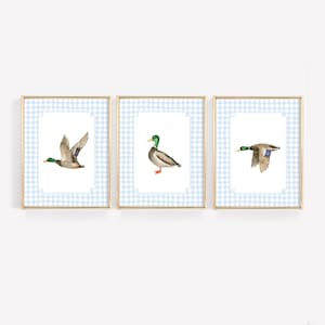 Set of 3 Duck Nursery Wall Art, Mallard Duck Wall Decor, Baby Boy Room Decor, Duck Hunting Wall Print, Gingham Blue Print, Vintage Nursery