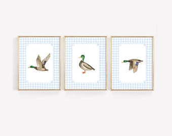 Set of 3 Duck Nursery Wall Art, Mallard Duck Wall Decor, Baby Boy Room Decor, Duck Hunting Wall Print, Gingham Blue Print, Vintage Nursery