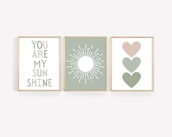 Set of 3 Sage Green Nursery Decor Wall Art Prints, Boho Print for Baby's Room & Kids Playroom, You Are My Sunshine Rainbow Poster, Printable