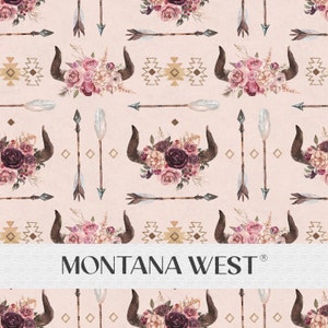 May include: A seamless pattern featuring a pink background with a repeating design of brown bull horns, floral bouquets, and gold arrows. The text "MONTANA WEST" is displayed at the bottom of the image.