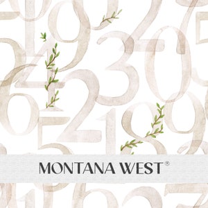 Könnte beinhalten: Ein nahtloses Muster mit aquarellartigen Zahlen in Beige mit grünen Zweigen. Das Muster ist auf weißem Hintergrund und enthält den Text "MONTANA WEST".