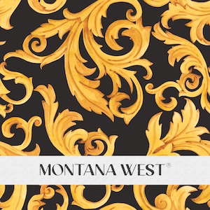 May include: A black background with a repeating pattern of gold watercolor floral designs. The text "MONTANA WEST" is in the center of the image.