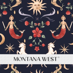 Puede incluir: Un fondo azul marino con un patrón repetido de sirenas, unicornios, soles, lunas, estrellas y flores rojas. El texto "MONTANA WEST" está en el centro de la imagen.