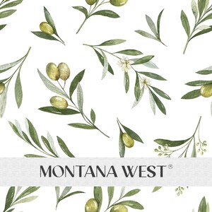 May include: Watercolor pattern featuring olive branches with green olives and leaves, and small white flowers, set against a white background. The text "MONTANA WEST" is displayed in a banner at the bottom.