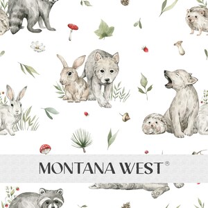 May include: A watercolor pattern featuring woodland animals, including a raccoon, wolf, rabbit, and hedgehog. The pattern is on a white background and includes green leaves, red berries, and mushrooms.