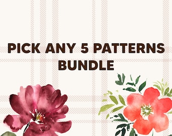 Op de afbeelding: Een digitale download van vijf aquarelbloemmotieven. De patronen bevatten een bordeauxrode bloem met groene bladeren en een rode bloem met groene bladeren. De tekst "PICK ANY 5 PATTERNS BUNDLE" wordt weergegeven op een geruite achtergrond.