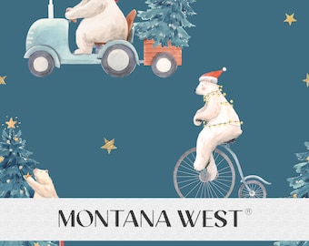 May include: A blue tractor pulls a red wagon with a Christmas tree. A polar bear wearing a red scarf drives the tractor. Another polar bear wearing a Santa hat rides a unicycle. The background is a teal blue with gold stars.