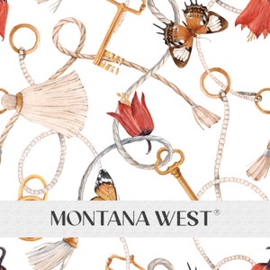 May include: A seamless pattern featuring watercolor illustrations of keys, rope, tassels, butterflies, and flowers. The pattern is on a white background and includes the text "MONTANA WEST".