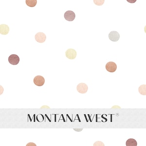 May include: A white background with a repeating pattern of colourful polka dots in shades of brown, pink, beige, and grey. The text "MONTANA WEST" is centred at the bottom of the image.
