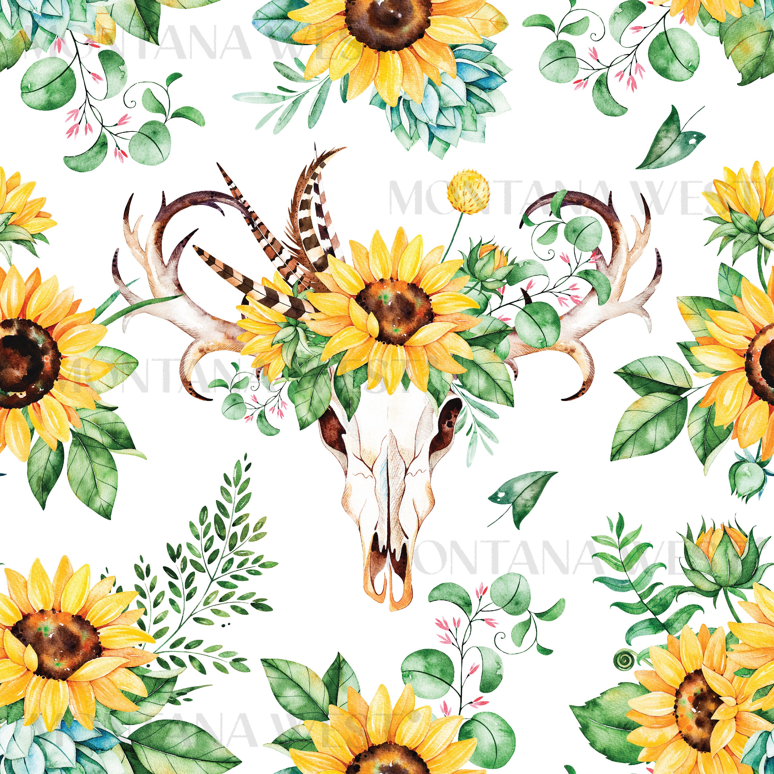 Sunflower Bull Skull Seamless Pattern, Watercolor Floral Seamless ...