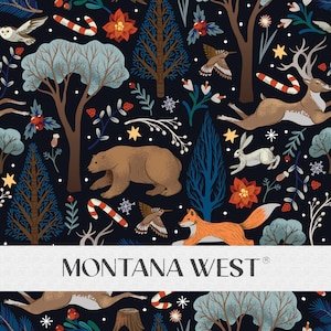 May include: A dark blue fabric with a repeating pattern of woodland animals, plants, and wintery elements. The pattern includes a bear, a fox, a deer, a rabbit, birds, trees, flowers, berries, snowflakes, and candy canes. The text "MONTANA WEST" is printed in white on a white banner.