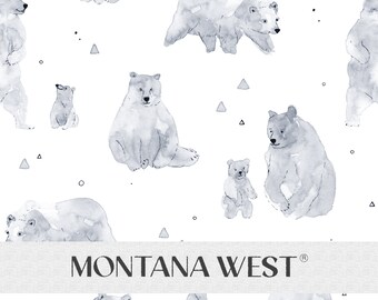 May include: A white background with a repeating pattern of watercolour bears in shades of grey. The bears are in various poses, including standing, sitting, and walking. There are also small grey triangles and circles scattered throughout the pattern. The text "MONTANA WEST" is printed in grey at the bottom of the image.