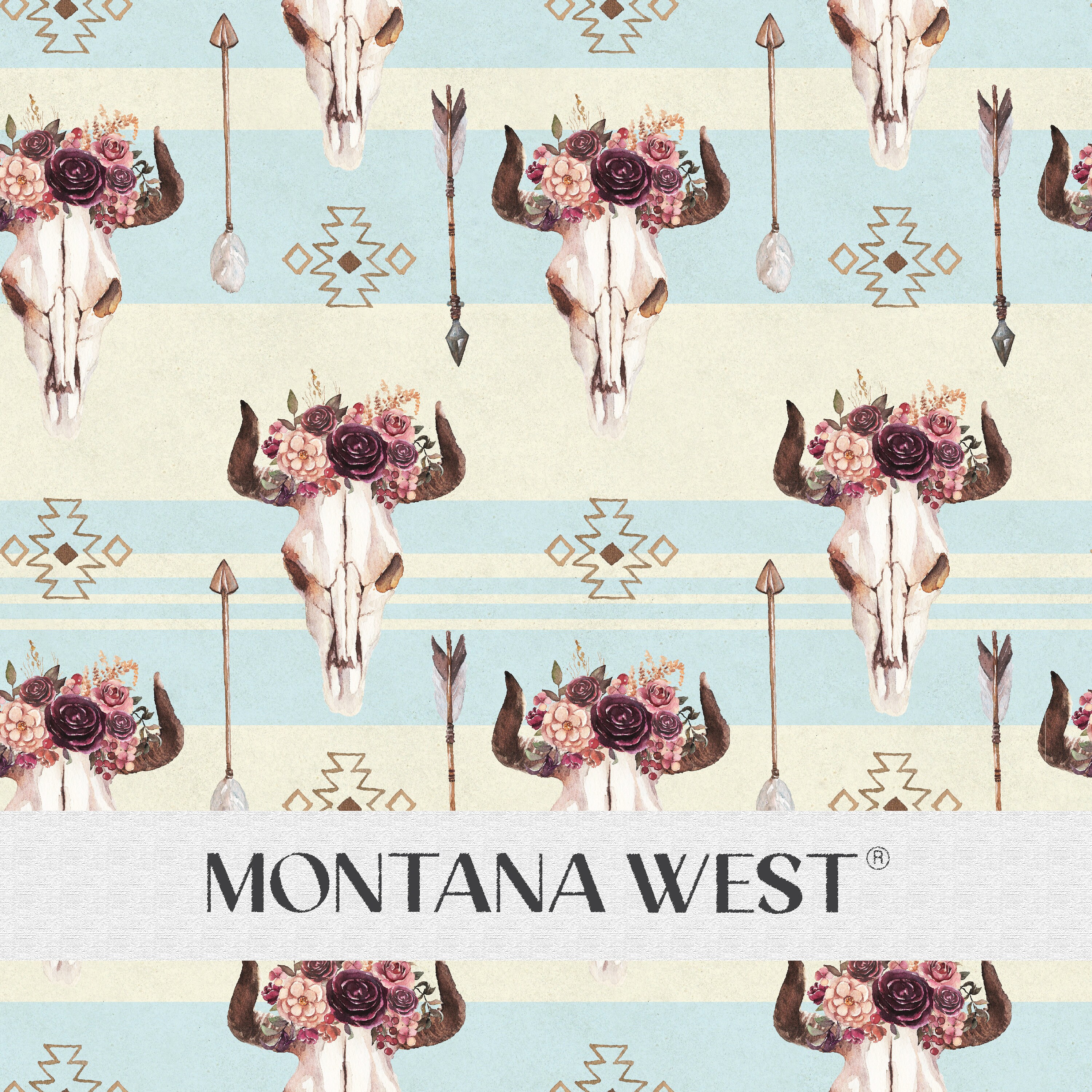 Boho Bull Skull Bouquet Seamless Pattern, Digital Ethnic Tribal Floral Bull Skull Horns Seamless Pattern File for Commercial Use, Arrows