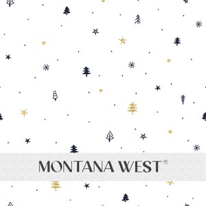 May include: White fabric with a repeating pattern of gold glitter stars, black trees, and black snowflakes. The text "MONTANA WEST" is printed in black at the bottom of the fabric.