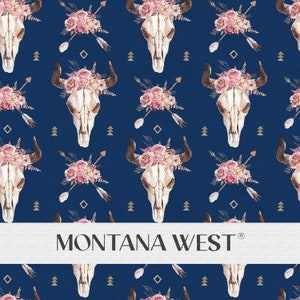 Bull Skulls Horns Seamless Pattern, Digital Hand-Drawn Floral Bull Horns, Ornaments and Arrows Blue, Tribal Seamless File for Commercial Use