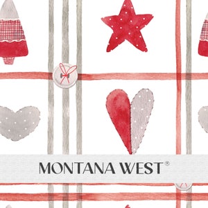 May include: A seamless pattern featuring red and grey hearts, stars, and Christmas trees with a red and white checked design. The pattern is set against a white background with red and grey stripes. The text "MONTANA WEST" is displayed at the bottom of the image.