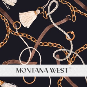 Puede incluir: Un patrón sin costuras con cadenas doradas, correas de cuero marrón y cuerda blanca. El fondo es negro. El texto "MONTANA WEST" es visible en el centro de la imagen.