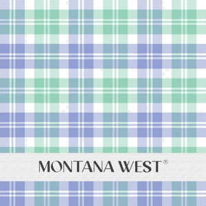 May include: A seamless plaid pattern in shades of blue, green, and white. The design features intersecting lines forming a grid of squares. The text "MONTANA WEST" is displayed in a horizontal banner at the bottom of the image.