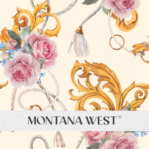 May include: A seamless pattern featuring watercolor illustrations of pink roses, gold scrollwork, and white rope with tassels. The pattern is on a light yellow background and includes the text "MONTANA WEST".