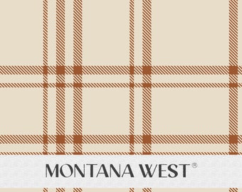 May include: A beige and brown plaid fabric with the text "MONTANA WEST" in black lettering.