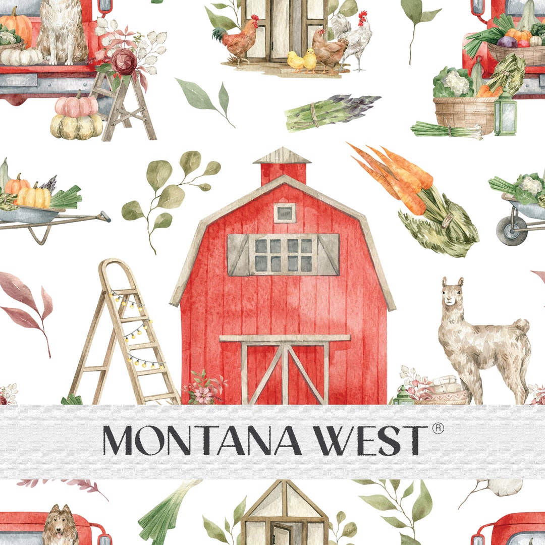 Red Barn and Farm Animals Seamless Pattern, Digital Watercolor Autumn ...